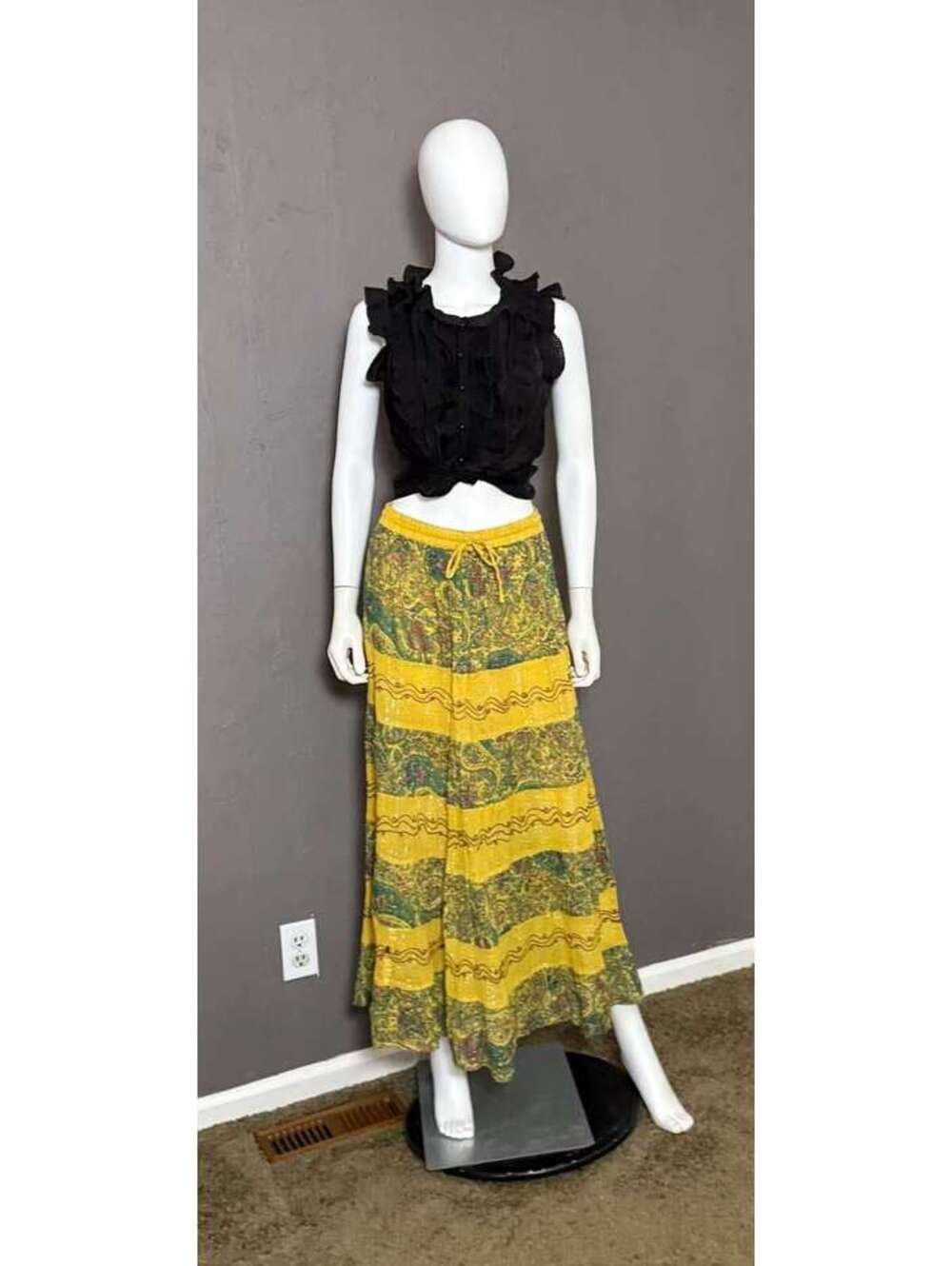 Vintage Indian Cotton Hippie Tiered Skirt Paisley Metallic Thread Accent S-L